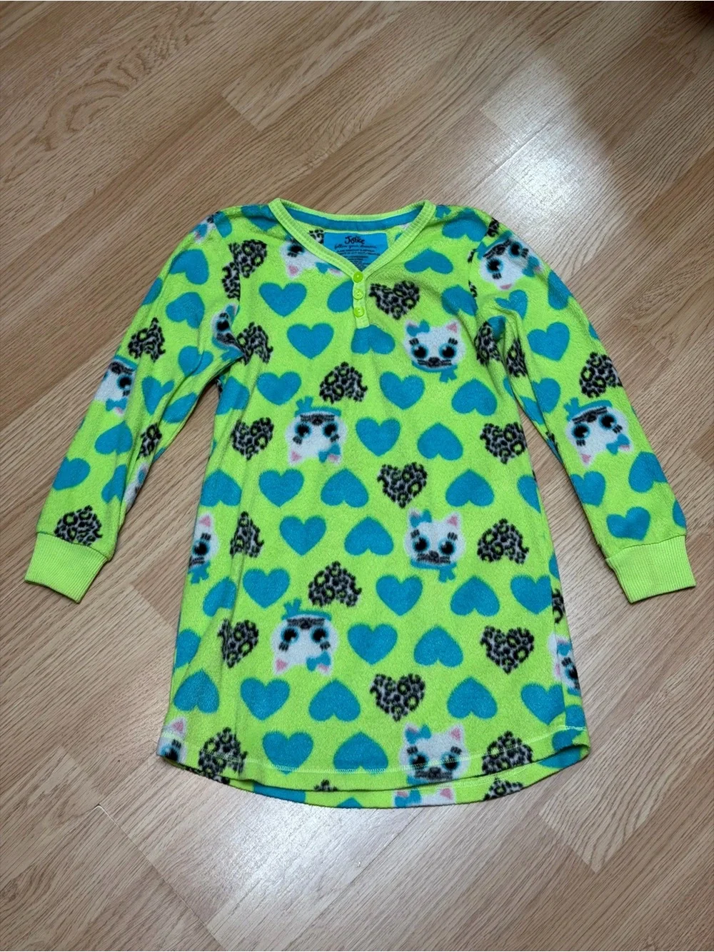 Justice Girls Size 5 Neon Green Fleece Nightgown Owl Hearts Leopard Sleepwear